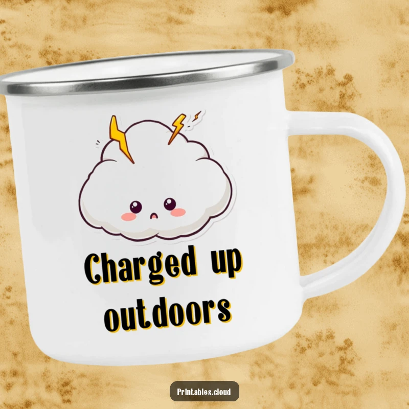 Funny camping mug showing a surprised cloud with lightning bolts, perfect for shocking outdoor sipping.