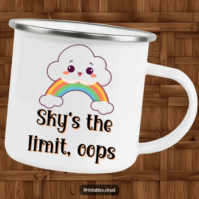 Funny Camping Mug featuring a surprised cloud peeking over a rainbow, perfect for outdoor enthusiasts.