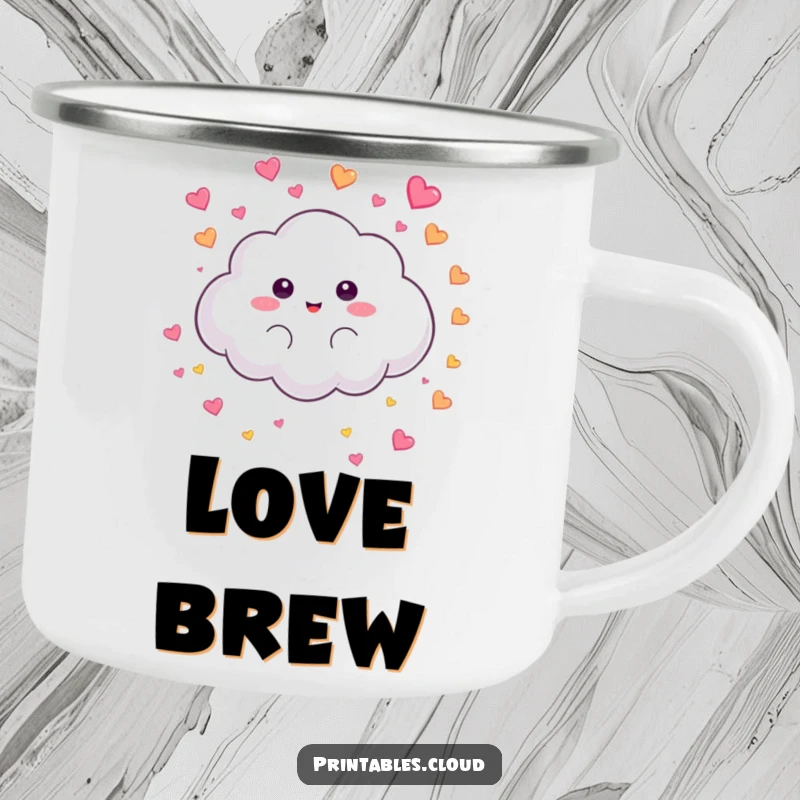 Funny Camping Mug: A fluffy cloud character rains colorful hearts, perfect for adding sweet humor to outdoor trips.