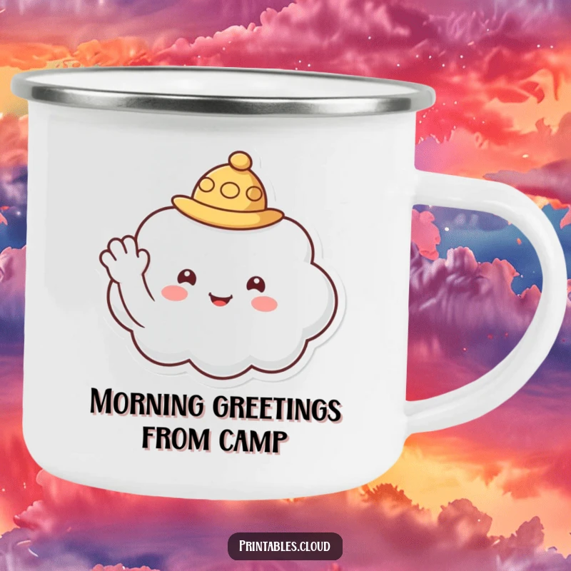 Funny enamel camping mug featuring a sweet cloud character in a small hat, waving a friendly hello.