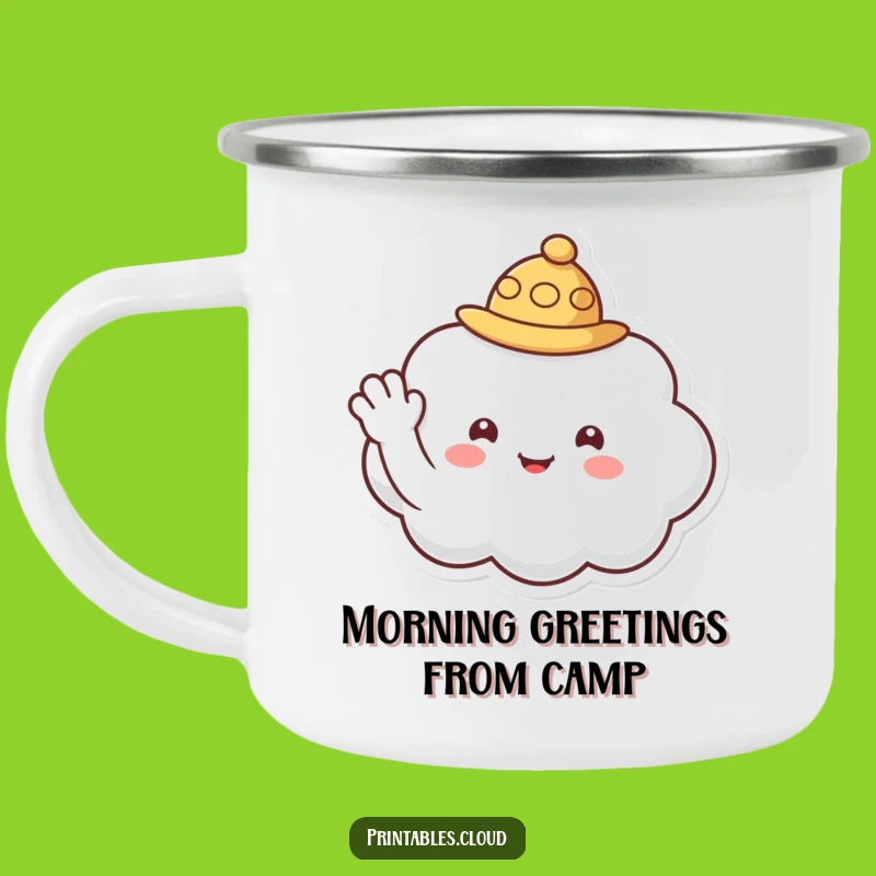 Funny Enamel Cloud Camping Mug - Waving Hat Character Gift for Campers
