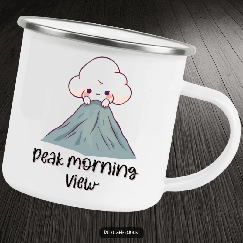 Funny curious cloud camping mug, peeking over a mountain, ideal for outdoor drinks with a humorous, adventurous vibe.