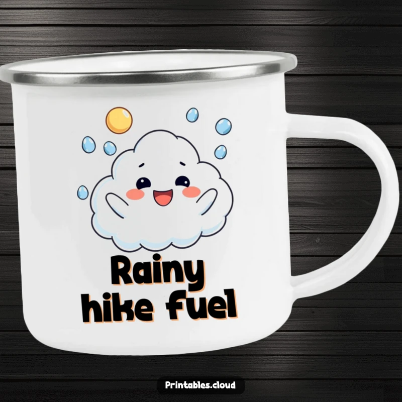 Funny camping mug showing a happy cloud character juggling raindrops, perfect for cheerful outdoor sipping.