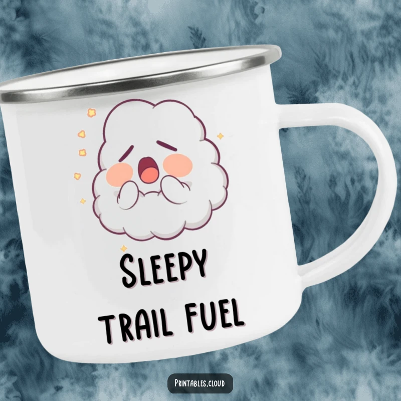 Funny Camping Mug: A sleepy cloud character yawns near a campfire, releasing glowing dust, perfect for outdoor humor.