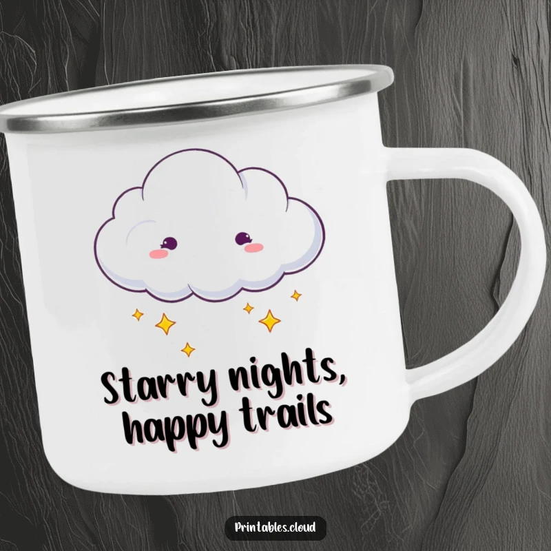Funny dreaming cloud with stars drifting from edges camping mug, outdoor gear, whimsical and magical, great funny gift.