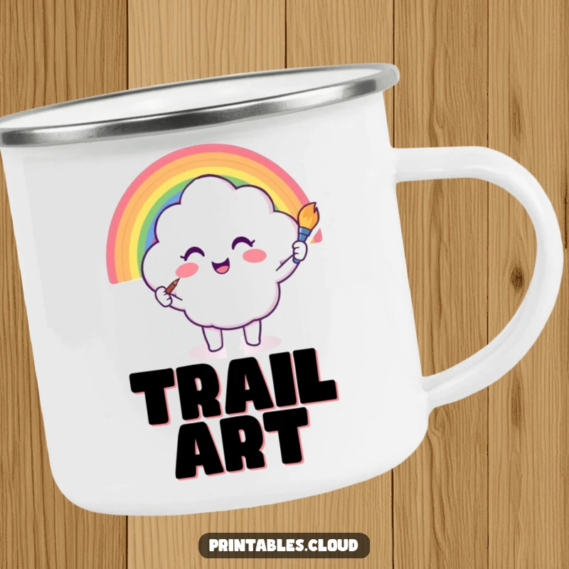 Funny camping mug with a cloud character painting a rainbow, artistic outdoor theme, humorous and durable gift.