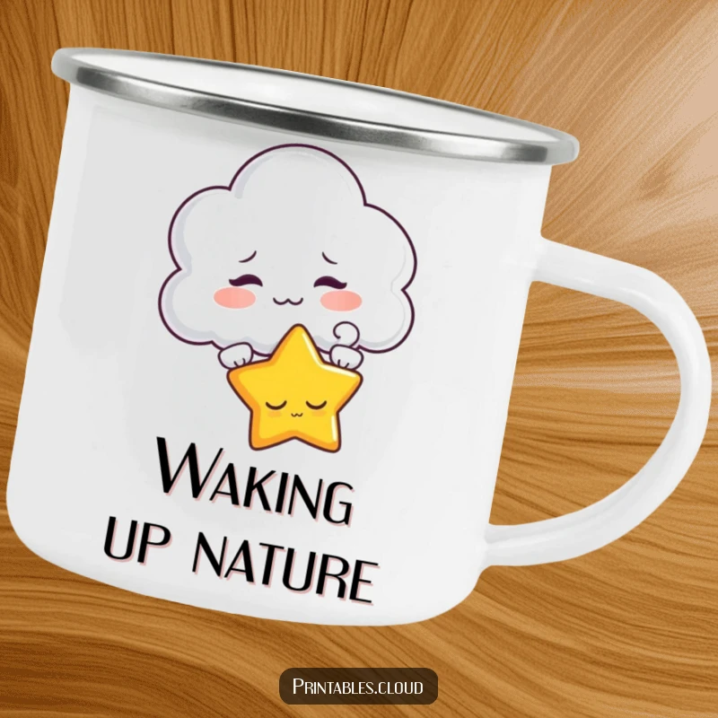 Funny camping mug showing a mischievous cloud character teasing a sleepy star, perfect for enjoying drinks in nature.
