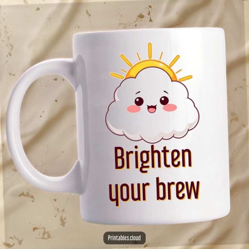 Funny mug with a friendly cloud character extending a warm ray of sunshine, symbolizing hope and happiness.