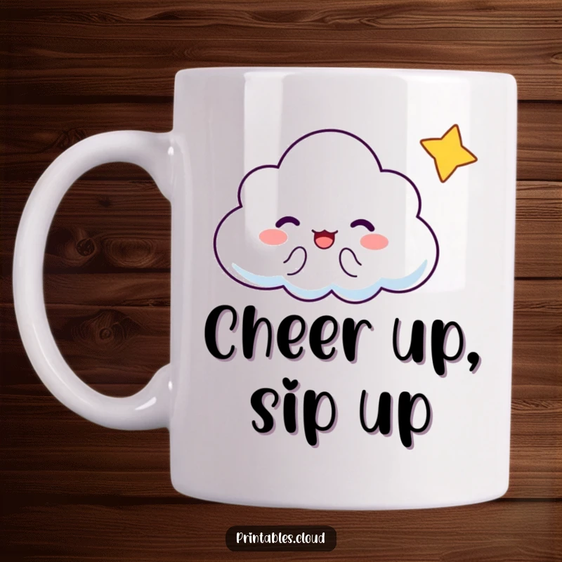 Funny Cloud Mug: A cheering cloud character receives a playful wink from a tiny, twinkling star.
