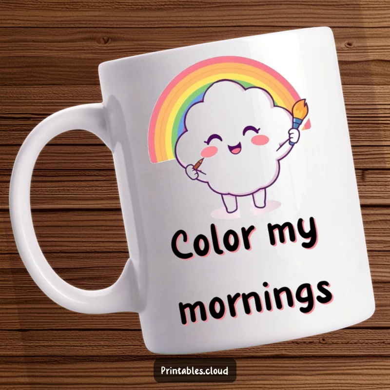 Funny mug with a smiling cloud character painting a bright rainbow with a brush, cheerful artistic scene, joyful and colorful gift.