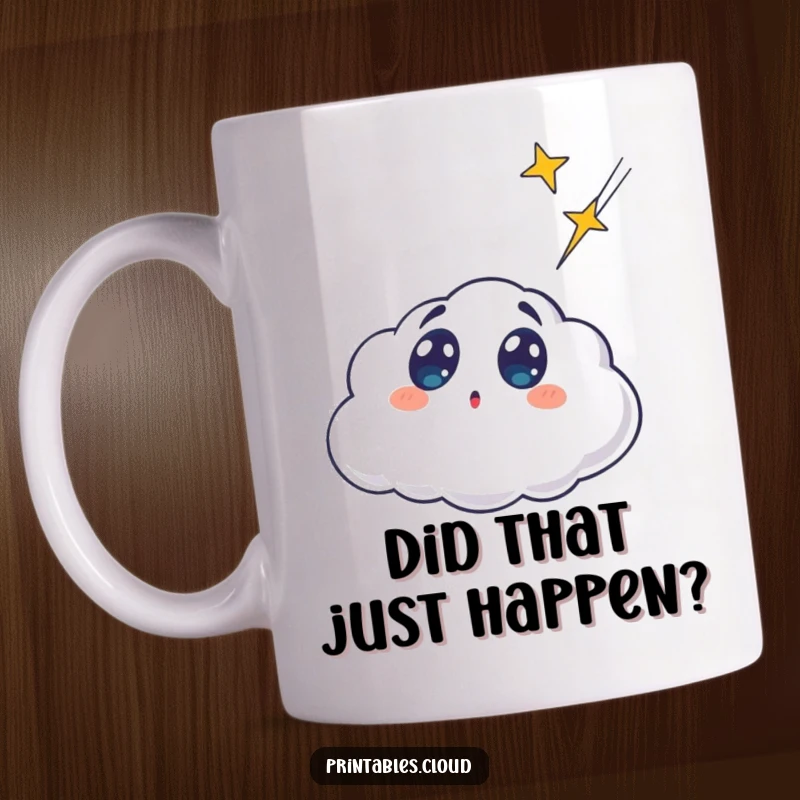 Funny surprised cloud character with wide eyes, watching a shooting star, on a ceramic mug, a humorous celestial gift.