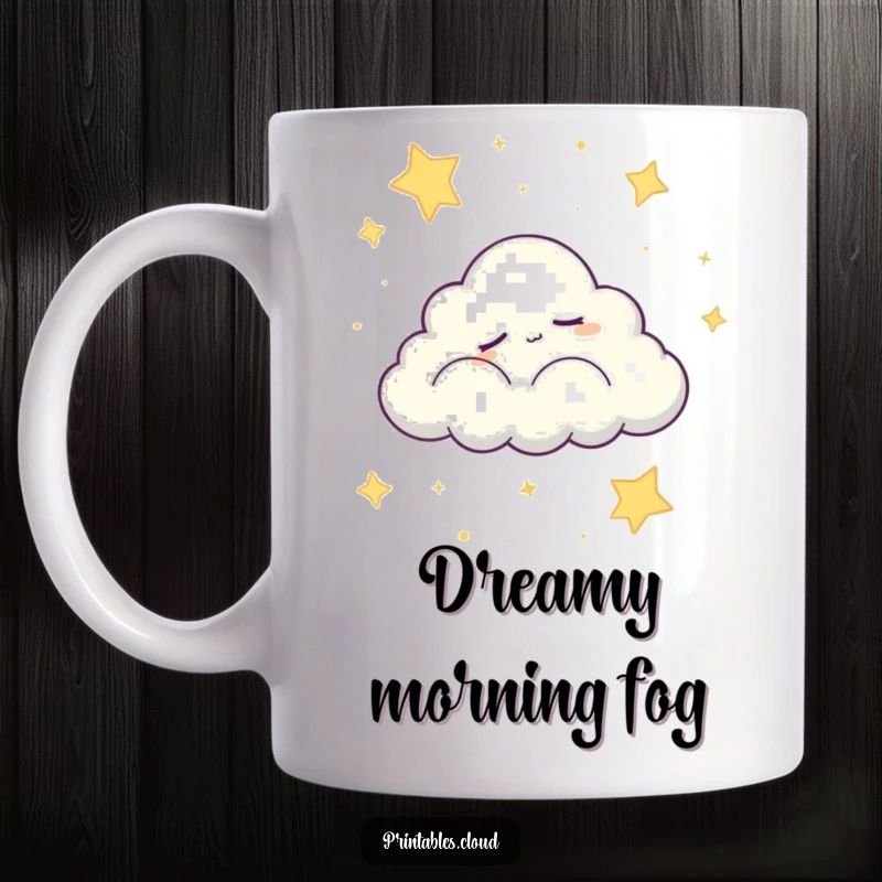 Funny mug with a sleepy cloud character peacefully drifting across a starry night sky, evoking calm and gentle humor.