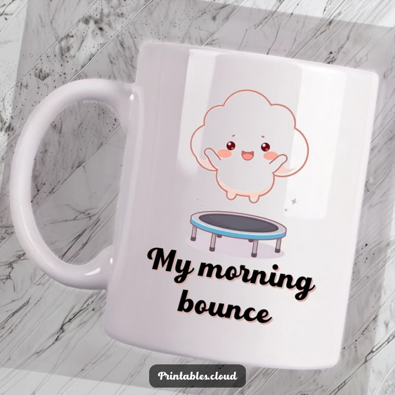 Funny mug showcasing a fluffy cloud character joyfully bouncing high on a small trampoline with boundless energy.