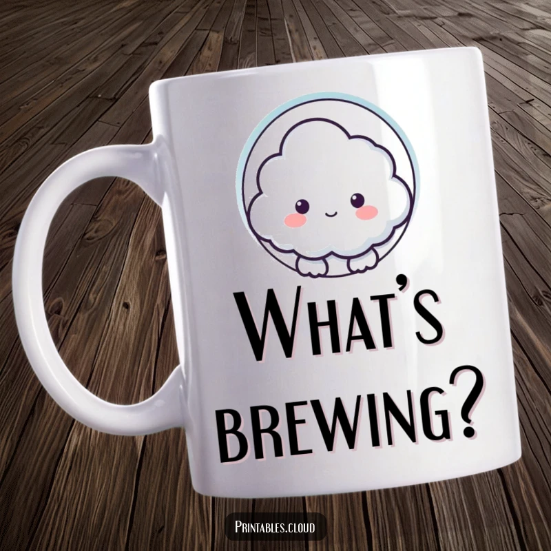 Funny mug showing a curious cloud character peeking intently through a keyhole shape, inviting a sense of playful discovery.