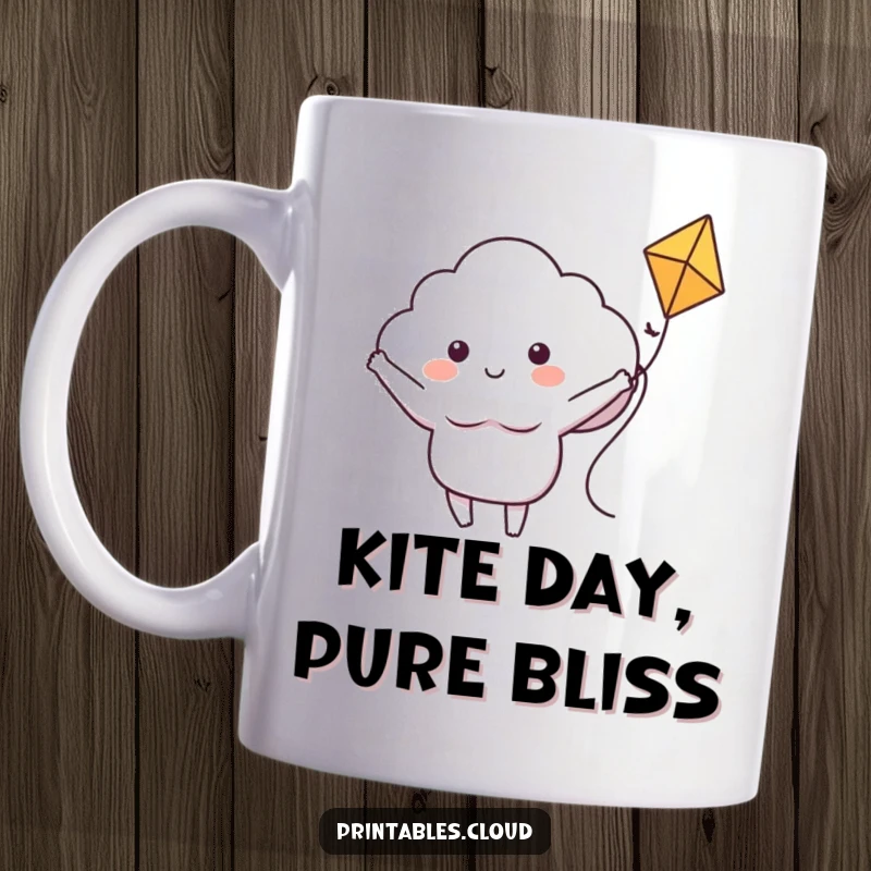 Funny mug featuring a happy cloud character with arms wide open, gleefully riding a colorful kite high in the sky.
