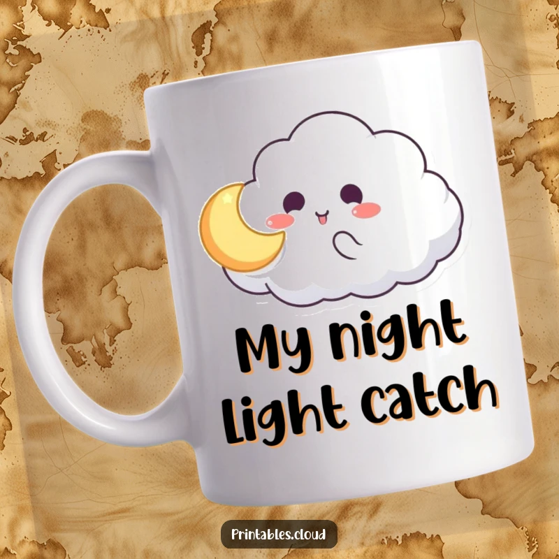 Funny mug featuring a smiling cloud character tossing a glowing moon, celestial playfulness, perfect for a whimsical and lighthearted gift.