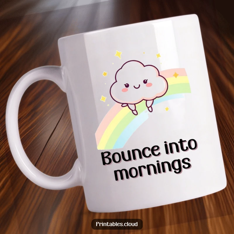 Funny Cloud Mug: A happy cloud character joyfully bounces on a shimmering, vibrant rainbow.
