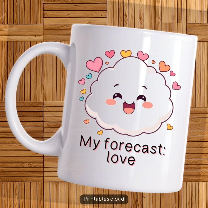 Funny mug with a fluffy white cloud character grinning wide and raining down colorful heart shapes, spreading joy.
