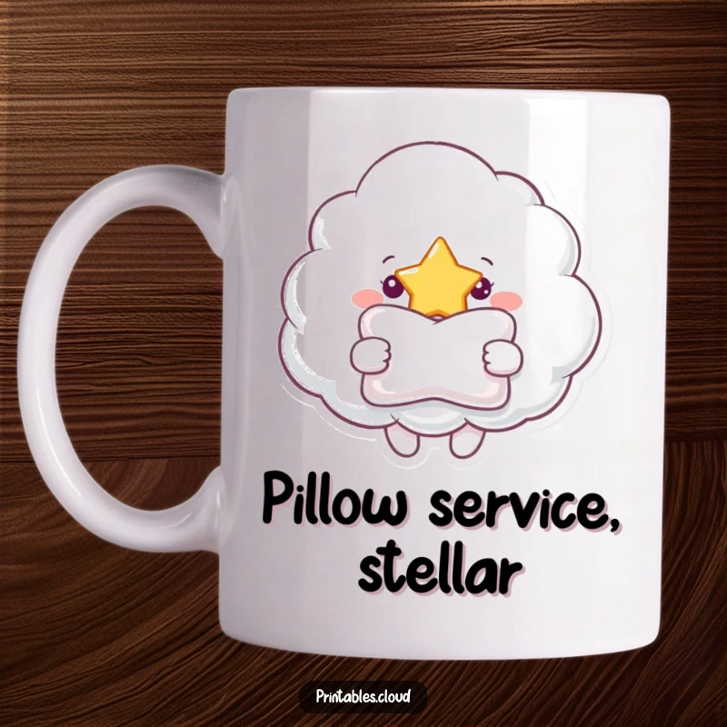 Funny mug showing a friendly cloud character offering a soft, fluffy pillow to a shining star, symbolizing comfort and care.
