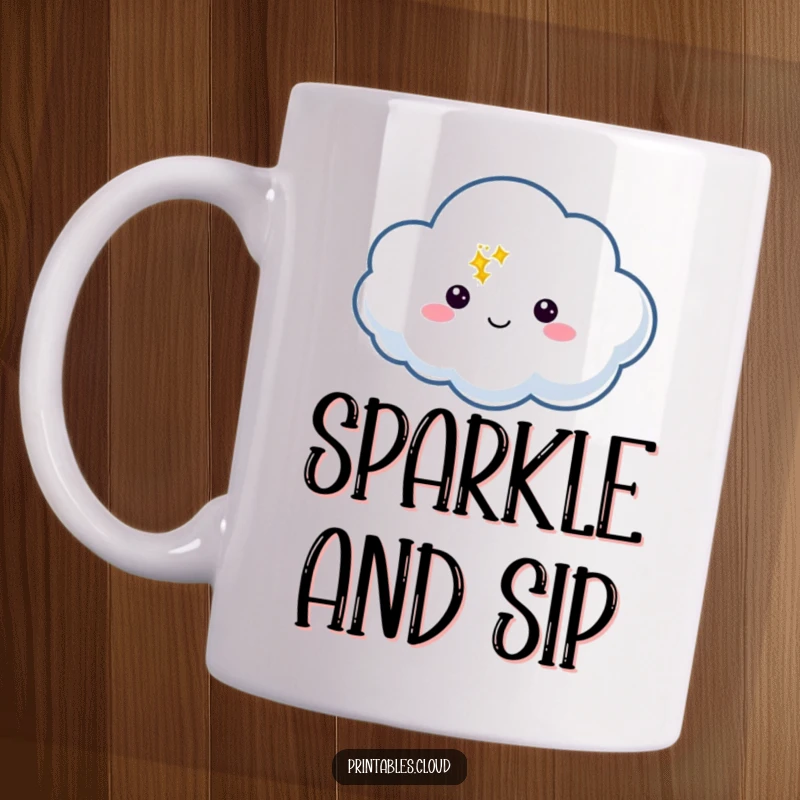 Funny Mug featuring a cloud character with a speech bubble containing a bright twinkle, symbolizing a good idea.