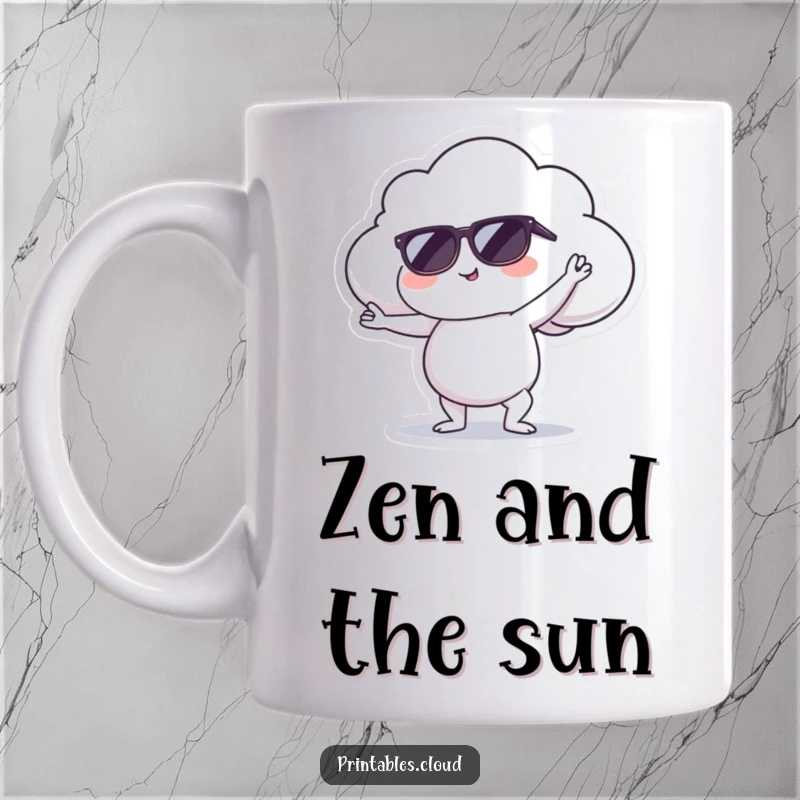 Funny mug featuring a cloud wearing sunglasses doing a serene yoga pose, radiating cool and calm energy.