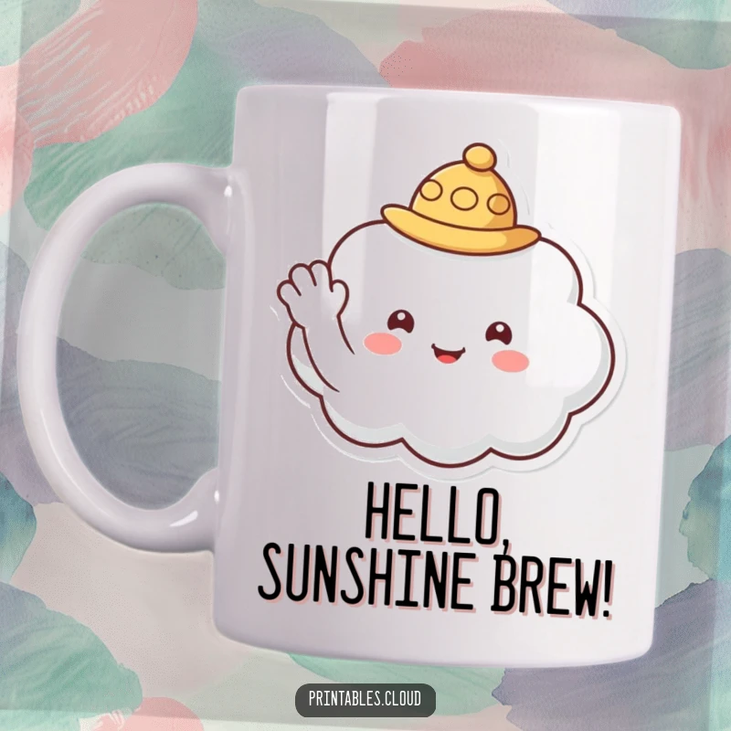 Funny mug featuring a charming cloud character wearing a small hat and waving a friendly greeting.