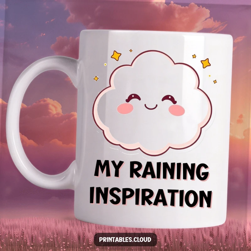 Funny mug featuring a smiling cloud character playfully giggling and showering tiny, shimmering stars upon the viewer.