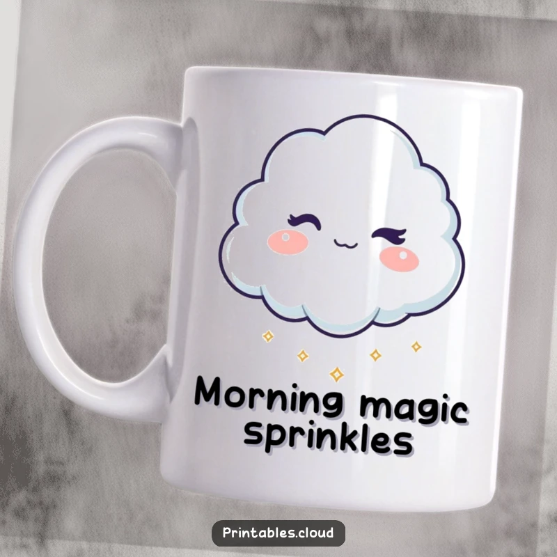 Funny mug featuring a mischievous cloud character winking and dropping tiny, shimmering sparkles, spreading joy and magic.