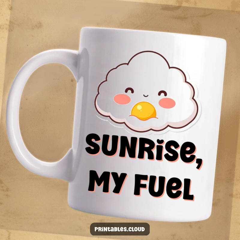 Funny mug with a rosy-cheeked cloud character joyfully observing a beautiful tiny sun rising over the horizon.