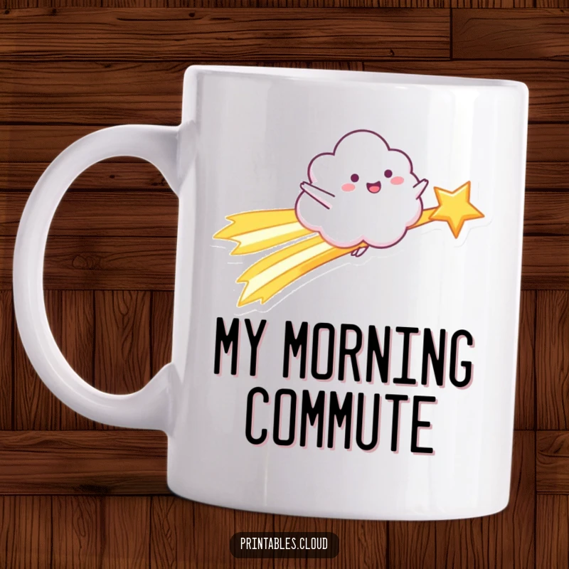 Funny Mug: A happy cloud character joyfully rides a shooting star with arms outstretched, embracing cosmic fun.