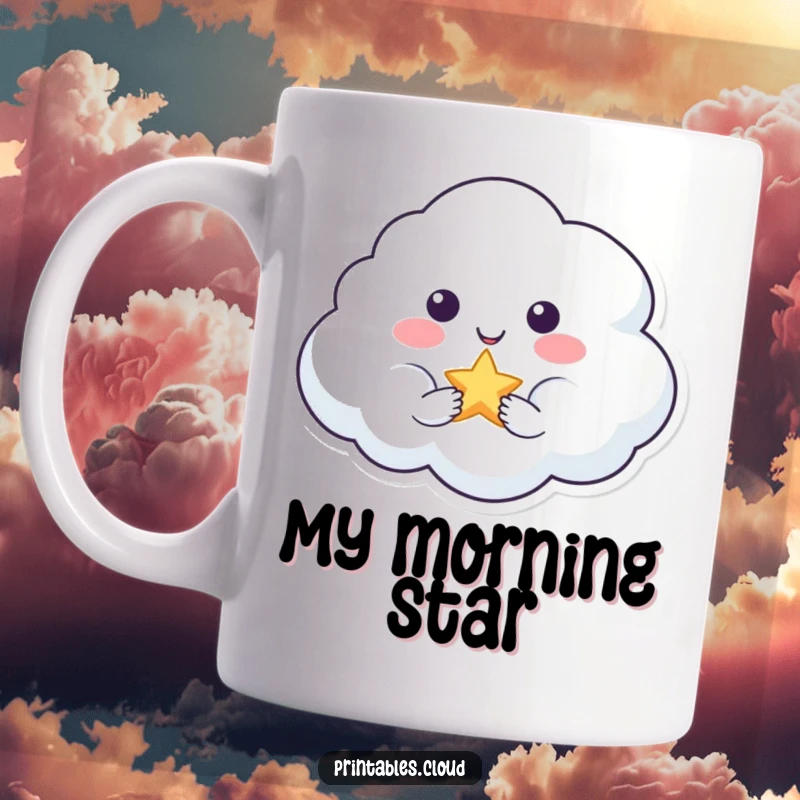 Funny mug featuring a smiling cloud character gently offering a tiny, glistening star, conveying kindness and magic.