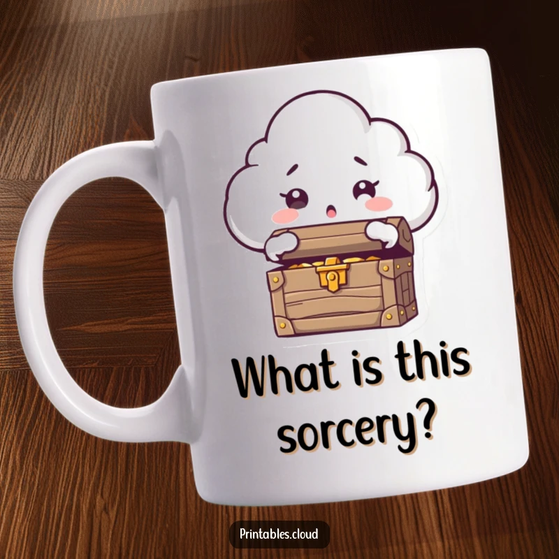 Funny mug showing a cloud character with wide, surprised eyes opening a gleaming treasure chest full of gold.