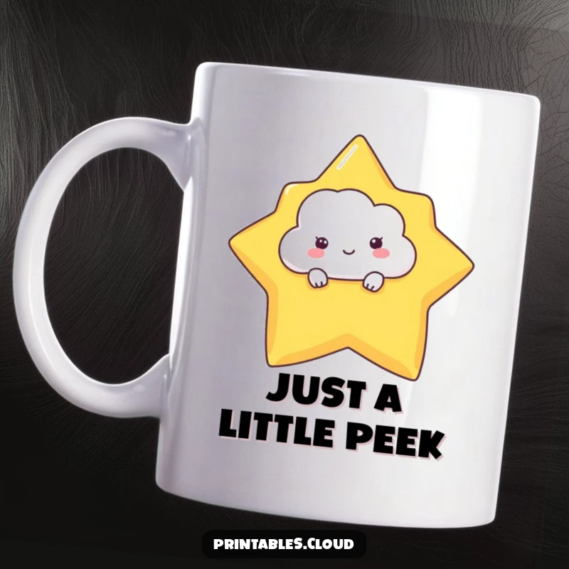 Funny mug featuring a shy, cute cloud character peeking from behind a large, friendly star, conveying a sense of gentle curiosity.