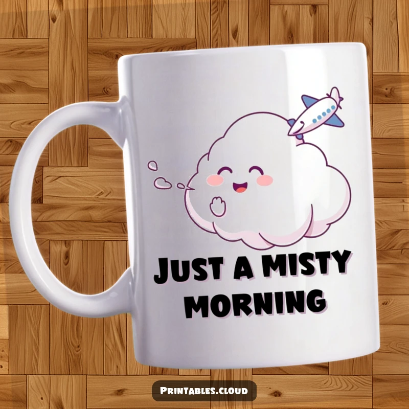 Funny Mug: A giggling cloud character playfully tickles a passing airplane with mist, creating a whimsical scene.
