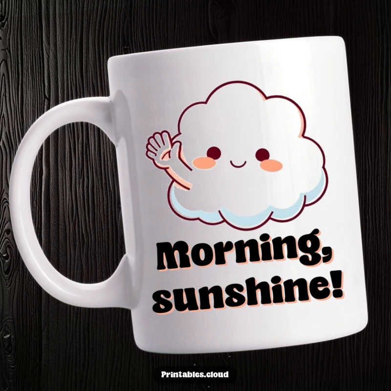 Funny Waving Cloud Mug featuring a fluffy cloud character extending a playful, welcoming arm, radiating friendly and humorous greetings.