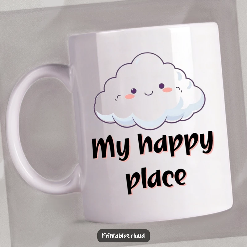 Funny Mug featuring a dreamy cloud character happily drifting on a gentle breeze, conveying peace and happiness.
