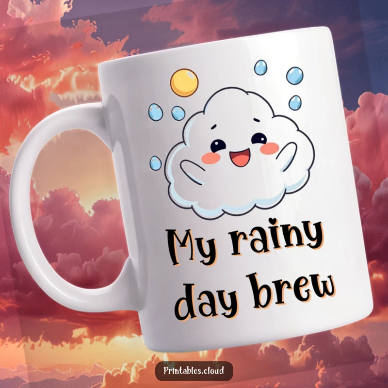 Funny mug showcasing a happy cloud character playfully juggling falling raindrops with a bright, cheerful expression.