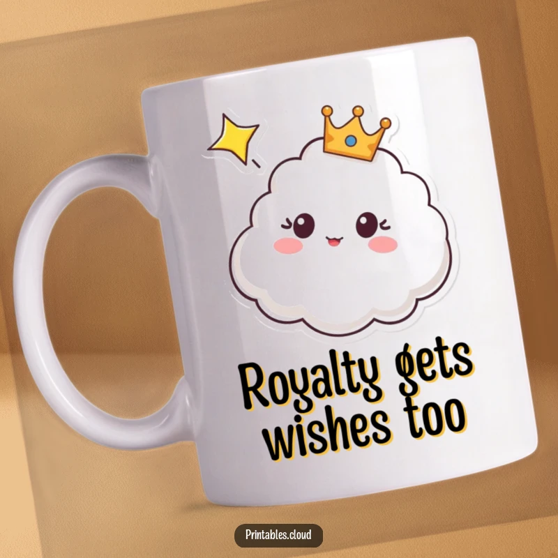 Funny mug featuring a surprised, crowned cloud character gazing upwards at a shooting star, celestial magic in its eyes.