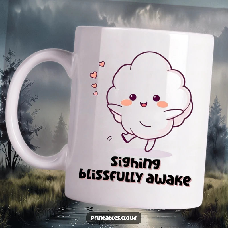 Funny mug featuring a cloud character performing a gentle dance, leaving behind a visible trail of soft, happy sighs.