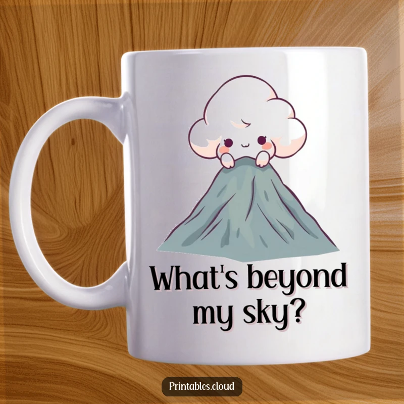Funny curious cloud mug, peeking over a mountaintop, showcasing a whimsical character's discovery and sense of adventure.