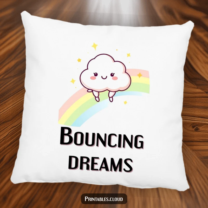 Funny Cloud Pillow: Soft cushion depicting a happy cloud character bouncing on a shimmering rainbow.