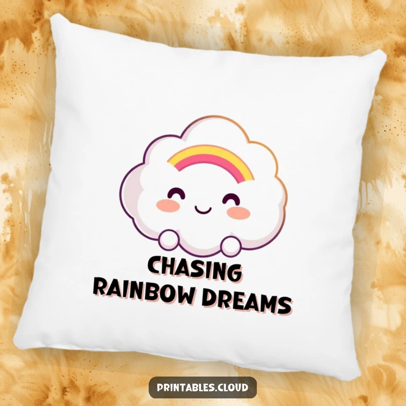 Funny pillow with a smiling cloud character offering a gentle, glowing rainbow, providing soft comfort and a cheerful, optimistic feel.