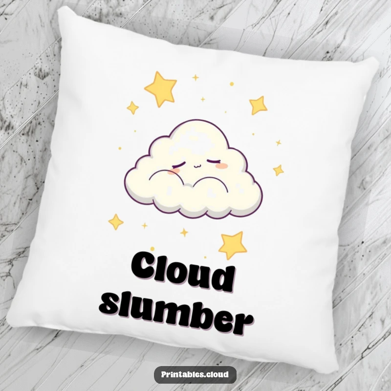 Funny pillow featuring a sleepy cloud character peacefully drifting across a starry night sky, a humorous depiction of cozy tranquility.