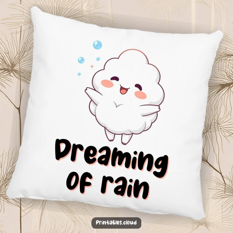 Funny Pillow: Soft and plush pillow featuring a delighted cloud character juggling dewdrops, providing comfort and whimsical cheer.