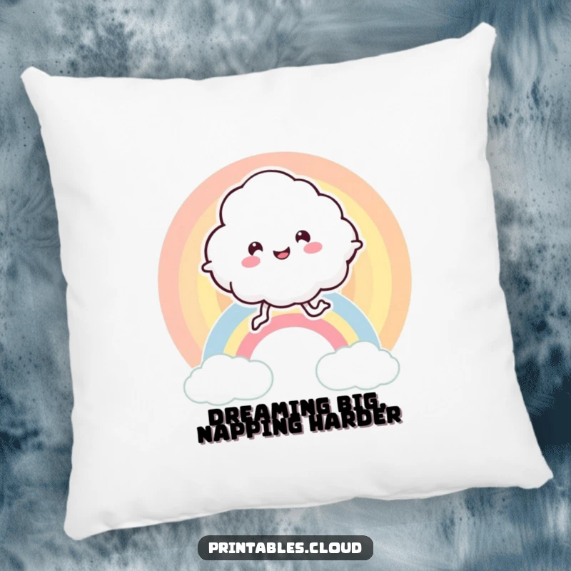 Funny pillow showcasing a leggy, joyful cloud character happily bouncing on a bright rainbow, designed for ultimate comfort.