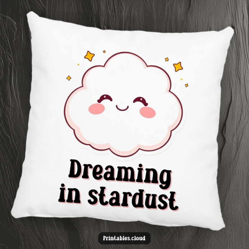Funny pillow showing a fluffy, giggling cloud character joyfully sprinkling a magical constellation of tiny stars.