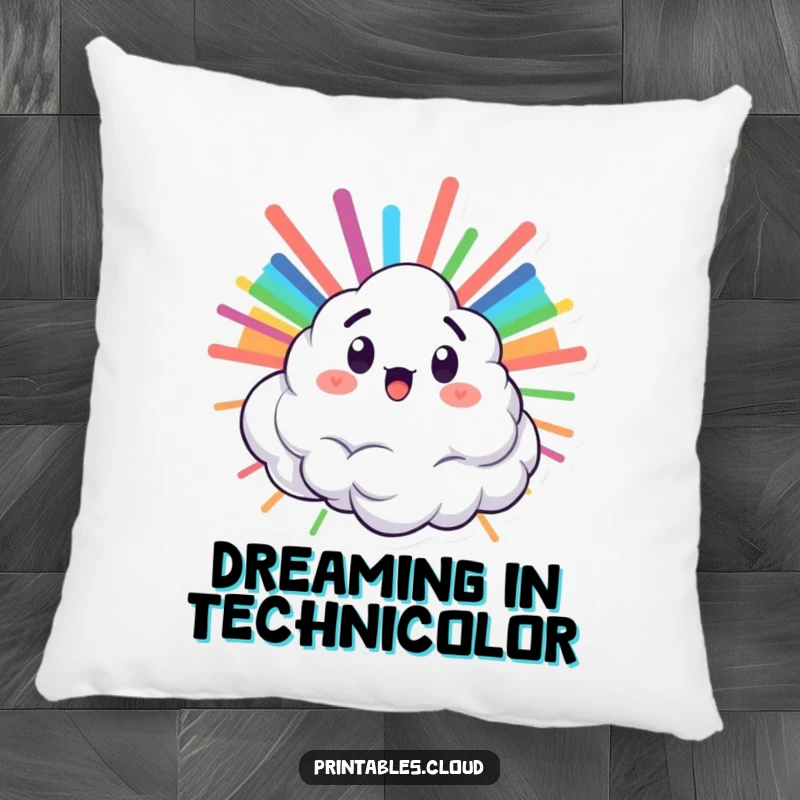 Funny pillow featuring a surprised cloud character bursting with a rainbow, perfect for comfortable, colorful lounging.