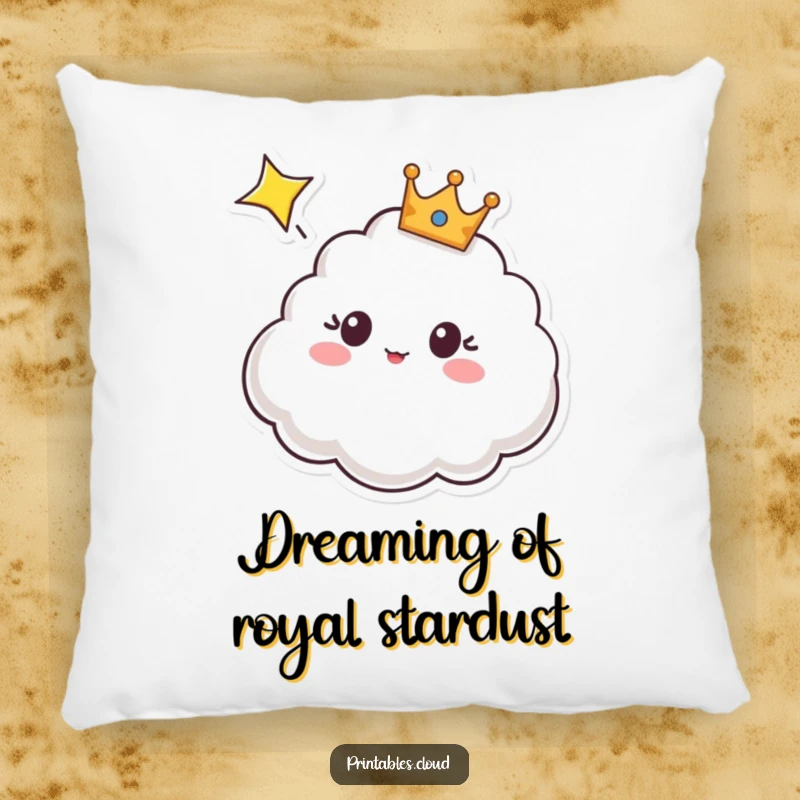 Funny pillow with a soft, crowned cloud character looking surprised at a shooting star, offering comfort and celestial charm.