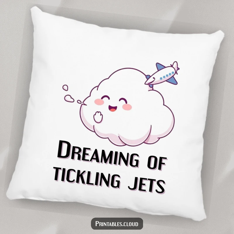 Funny Pillow: A giggling cloud character tickles an airplane with mist, adding soft, humorous decor to any room.