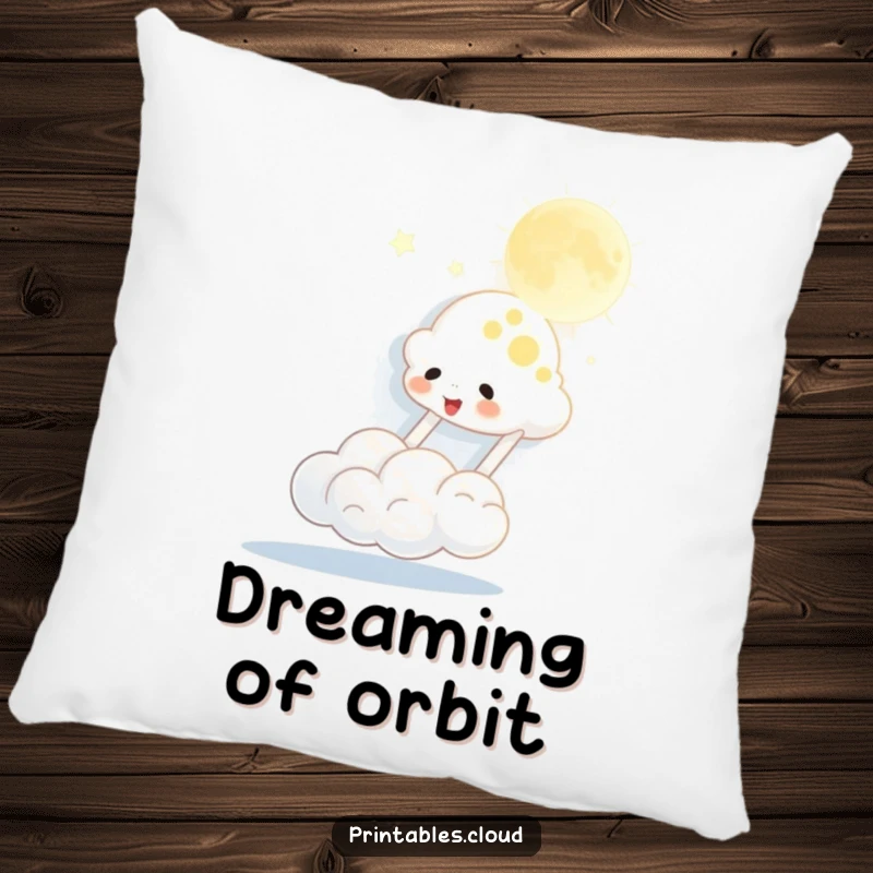 Funny pillow showcasing a happy cloud character bouncing the moon like a ball, perfect for adding comfort and humor to any space.